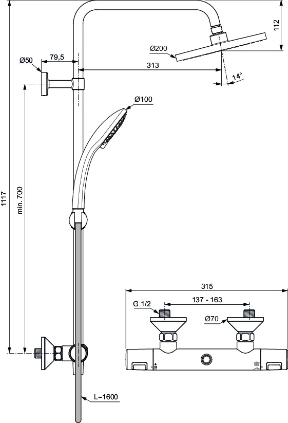 Ideal Standard Ceratherm T25 Duschsystem mit Brausethermostat Aufputz